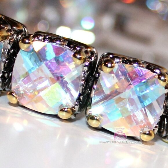 Two Tone AB Pastel Rainbow Aurora Borealis CZ Chunky Tennis Throne Room Bracelet - Picture 3 of 5